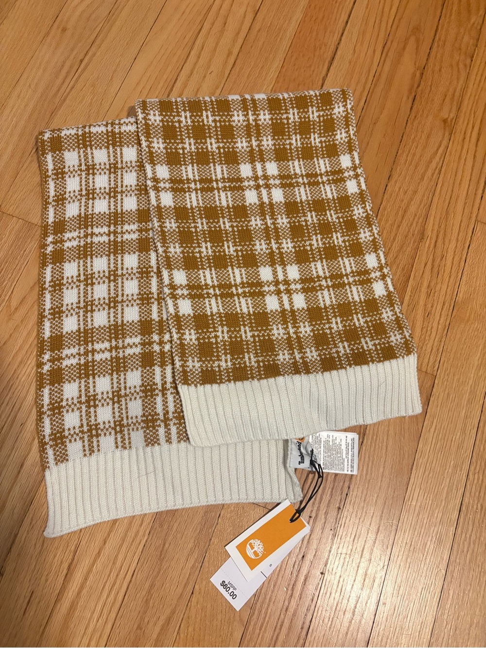 Timberland Men's Crewneck Plaid Sweater in Mustard and Cream